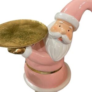 Pink Christmas Santa Claus with Gold Candle Display Tray Resin Figure NWT